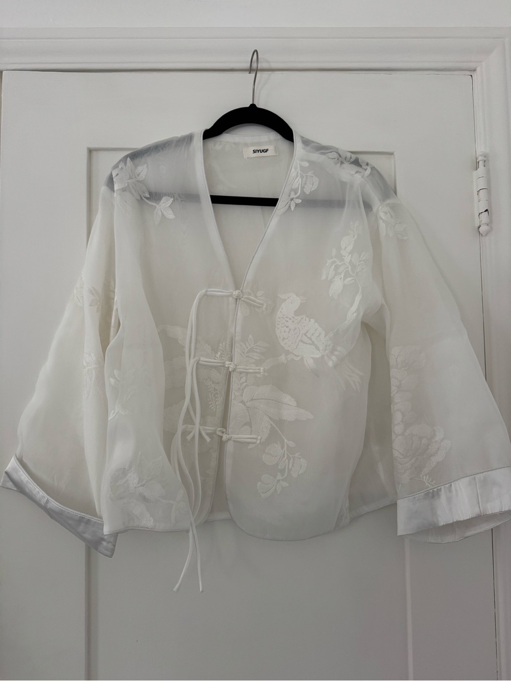 White Sheer Embroidered Tie-Front Top